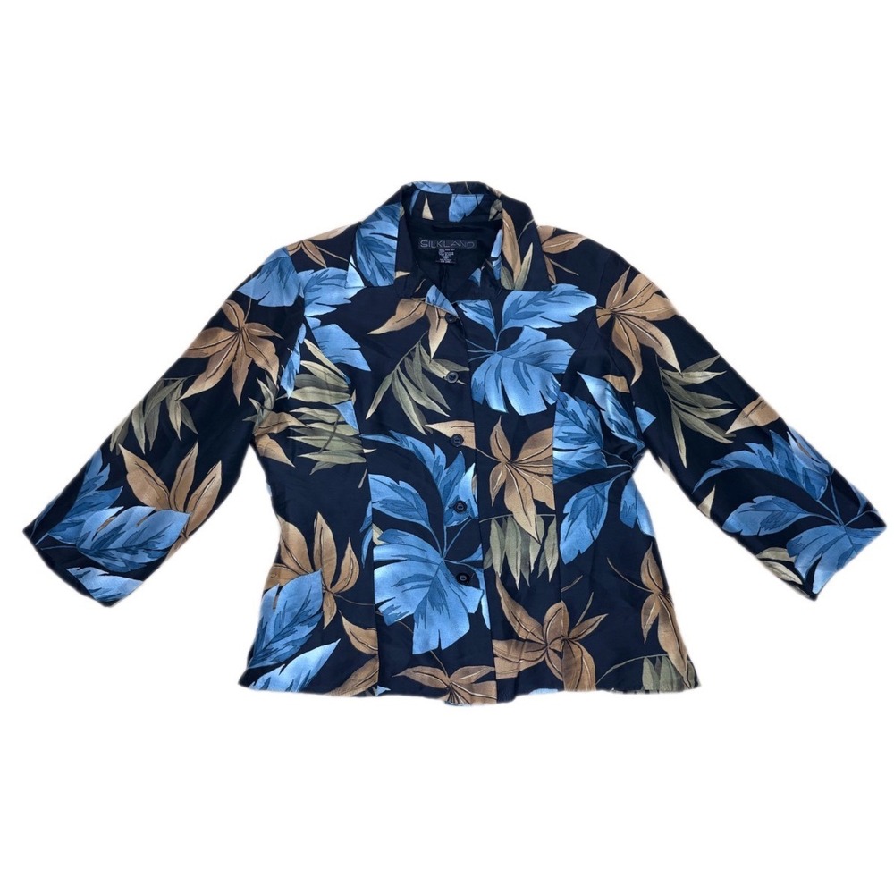 Silkland Womens 100% Silk Tropical Leaf Print Blazer top Blue sz 10 vintage